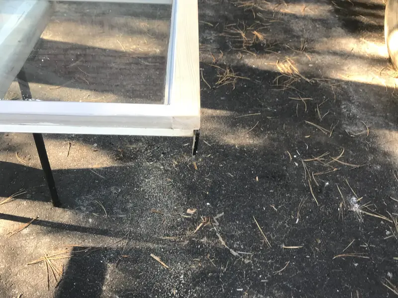 Glass window sash set on sawhorses outdoors